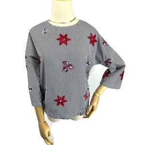 Roberta Biagi Size‎ S M Top Shirt Embroidered Floral Nautical Striped Italy